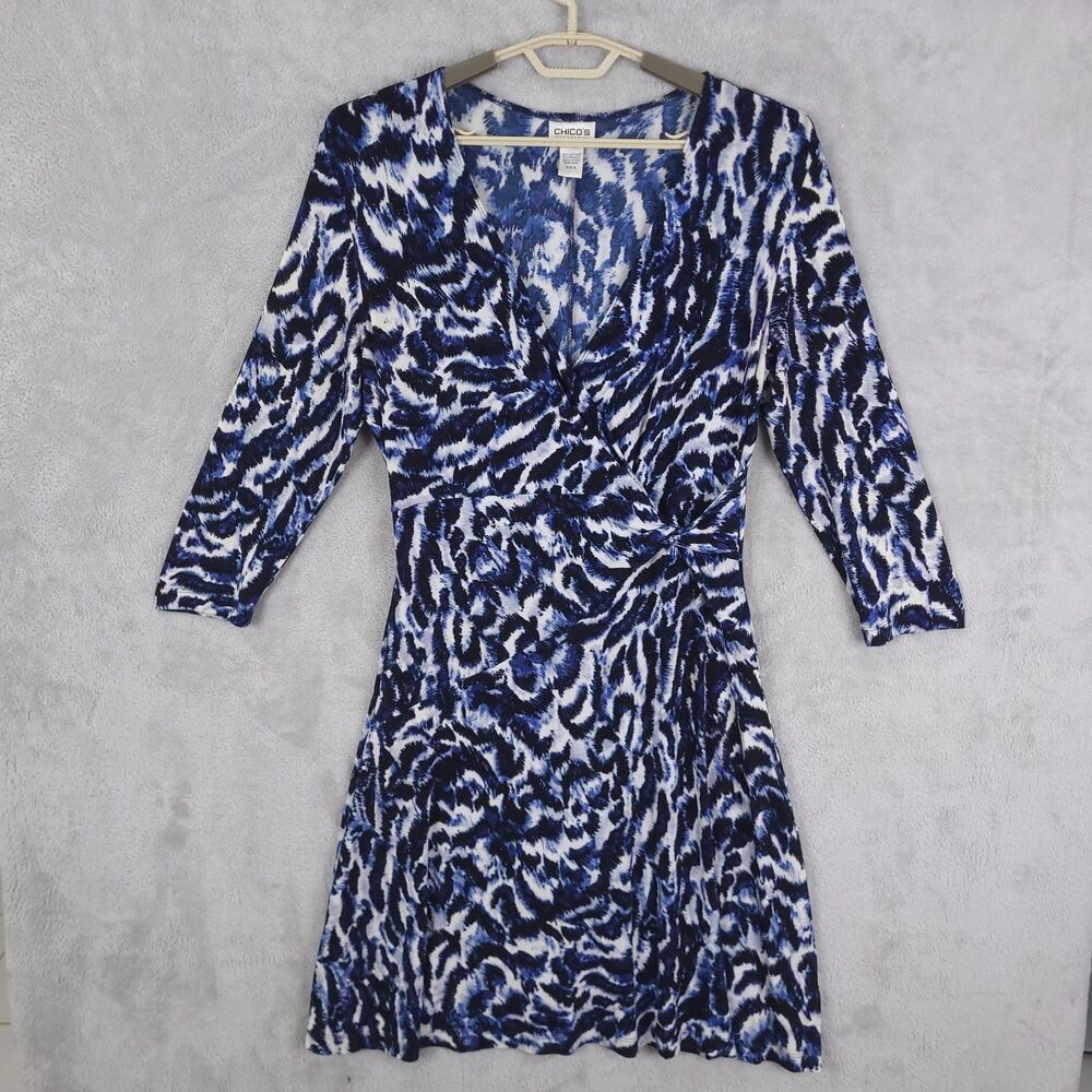 Chicos Travellers Midi Dress Faux Wrap Sz 2/L Geometric Print 3/4 Sleeve Stretch